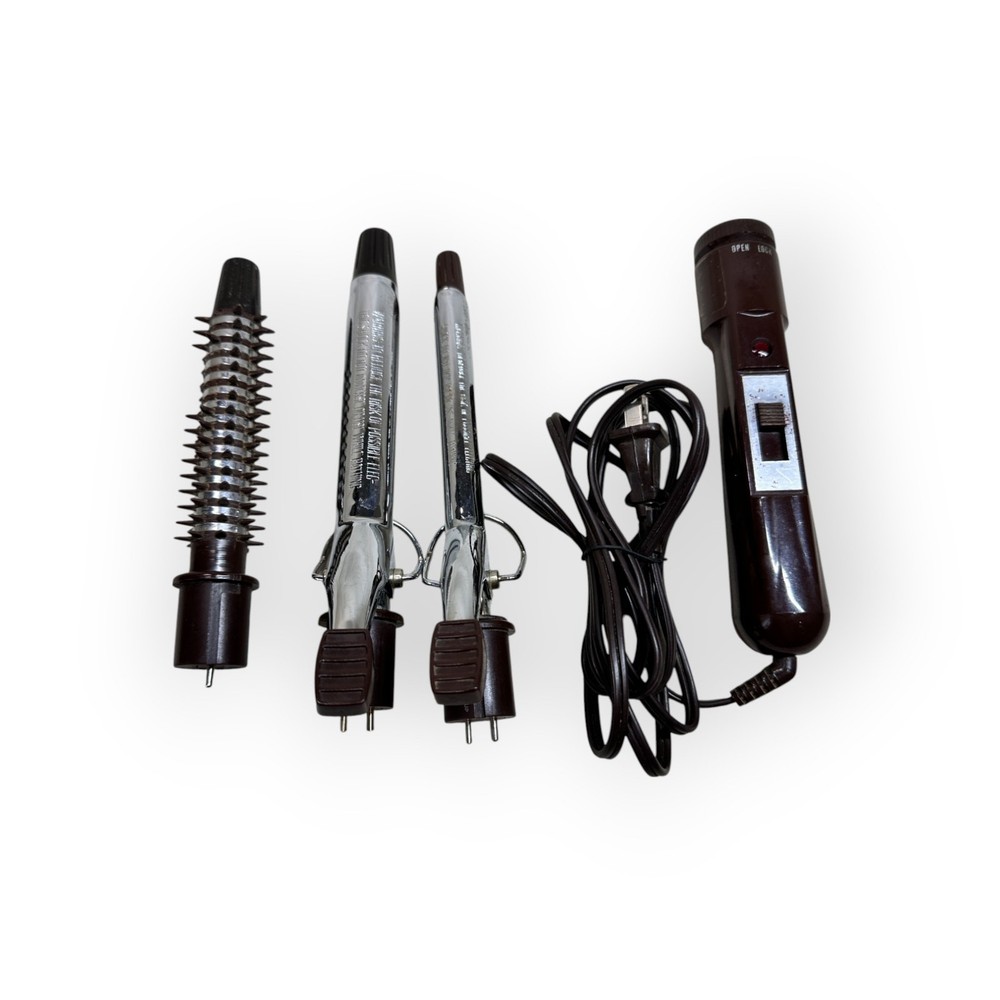 Vintage Brown Chrome Hair Curling Iron Set with Interchangeable Barrels Retro Styling Tool