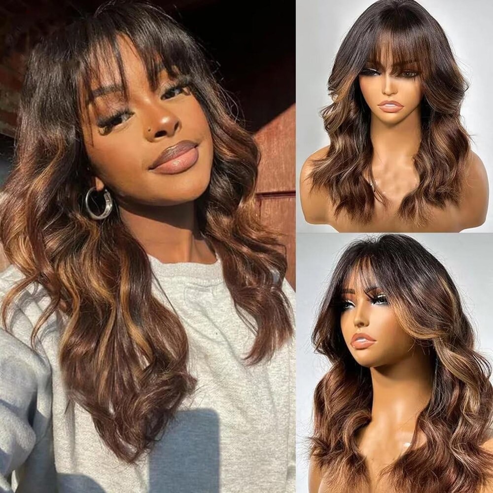 Ombre Brown and Honey Blonde Layered Human Hair Wig With Bangs - 13X4, Grade A+