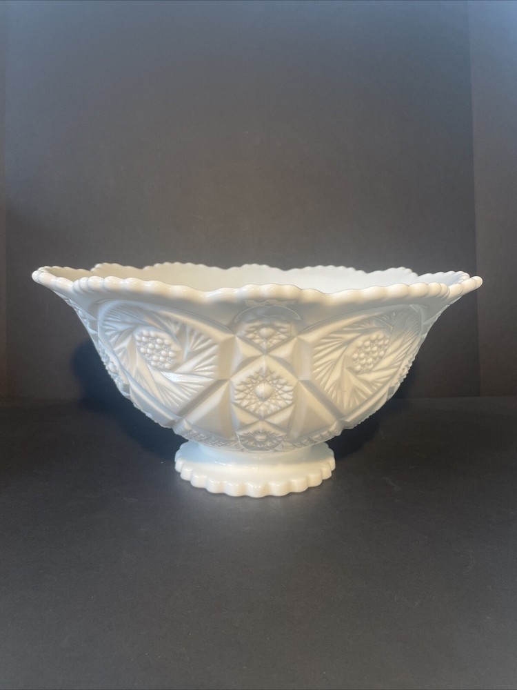 Vintage Imperial  Scalloped Edged Milk Glass Punch Bowl Heavy 14 1/2” x 7