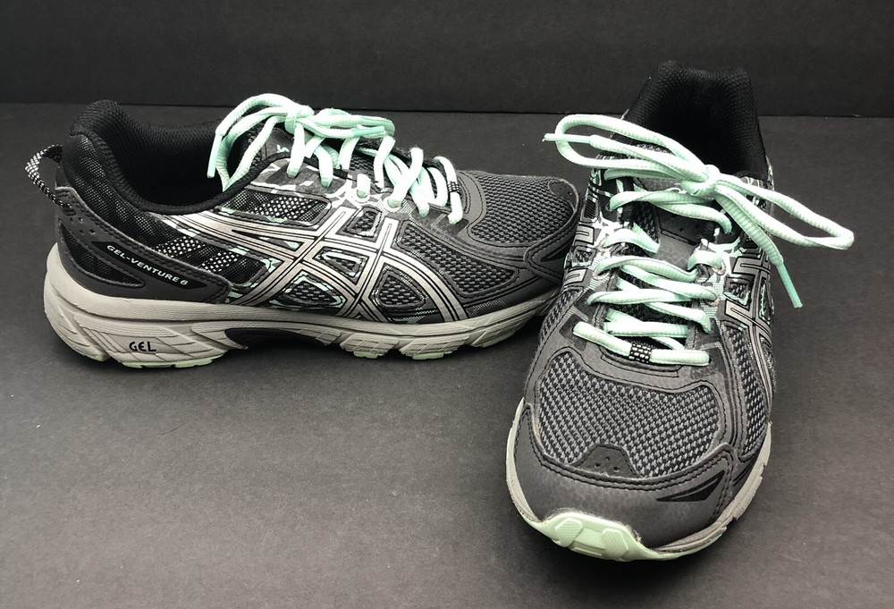 Asics Women’s Gel Venture 6 Black Green Gray Running Shoes Sneakers Size 8.5
