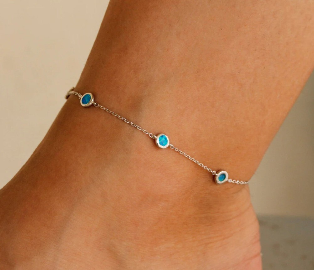 Anklet 1.30Ct Created Blue Opal Charm Women's Wedding Gift 14K White Gold Finish