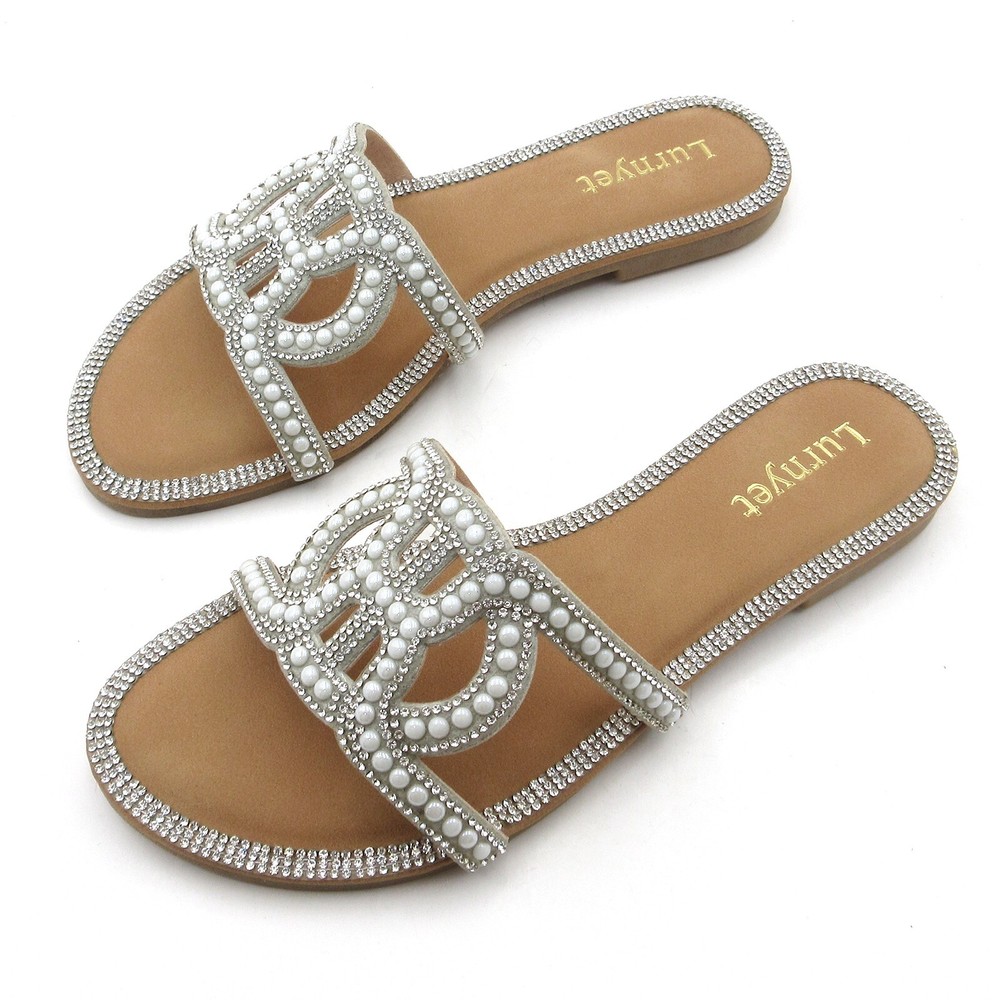 Lumyet Women's Pearl Sandals Rhinestone Embellished Slides Flat Beach Slippers