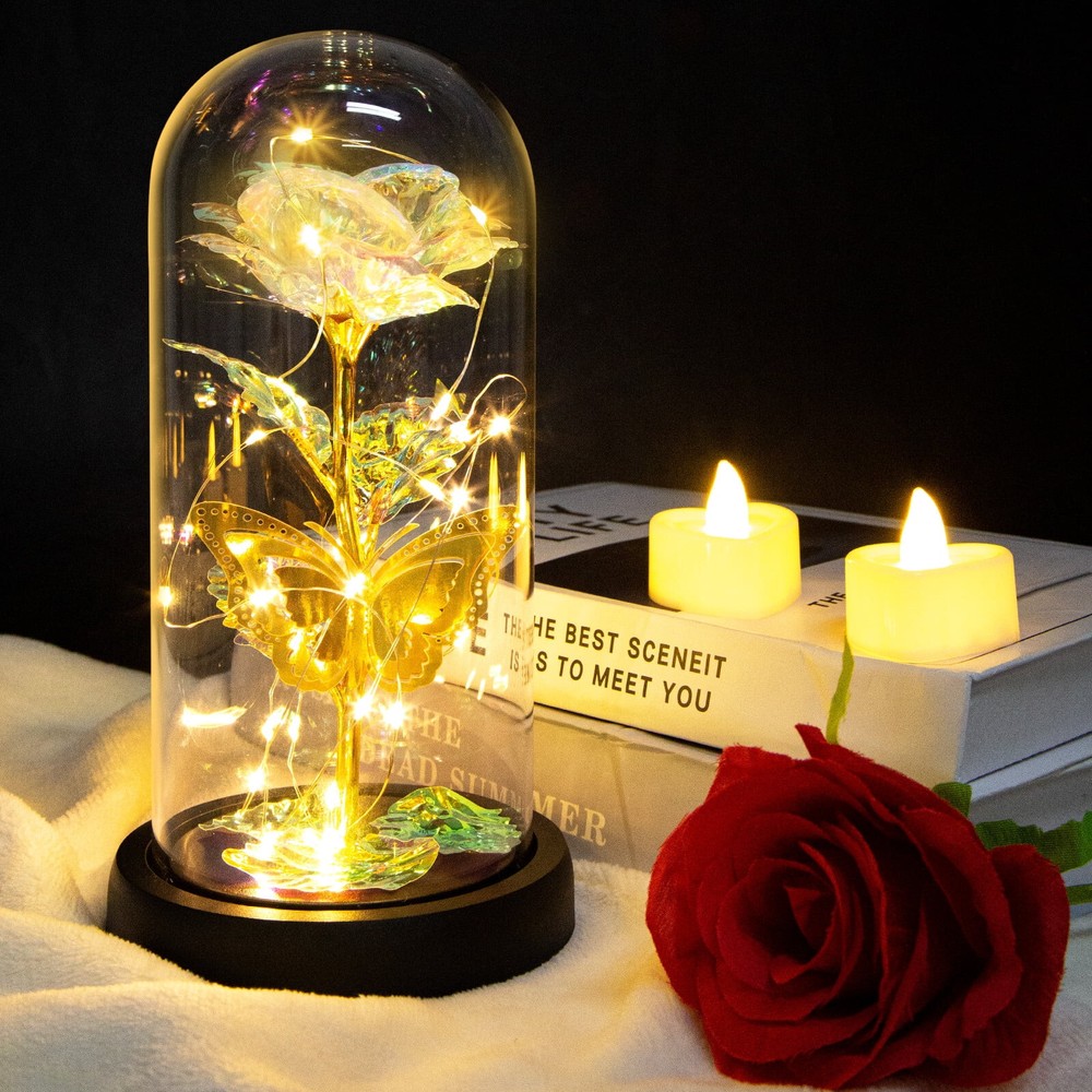 Multicolor Rose in Glass Dome with LED Lights - Romantic Gift for Valentines Day