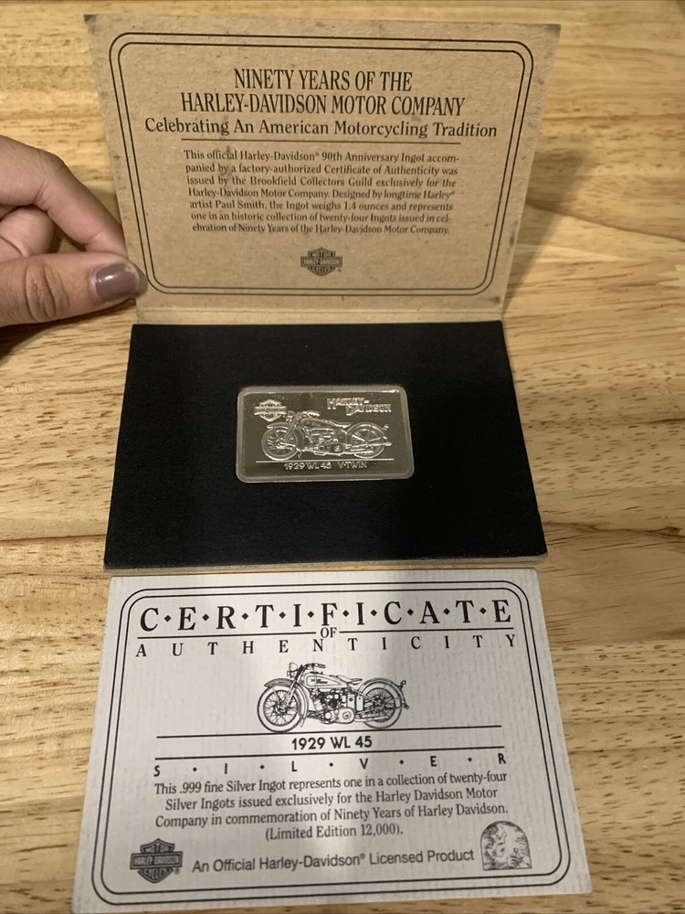 1929 Harley Davidson WL 45 V-Twin 1.4 oz Fine Silver Bar with Certificate