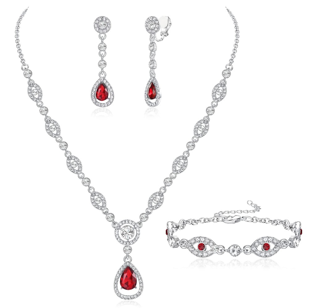 FIBO STEEL Clip on Rhinestone Jewelry Set for Women Party Prom Bridal Bridesm...