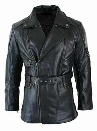 Men's Black Lambskin Leather Motorcycle Biker Pea Coat 3/4 Length