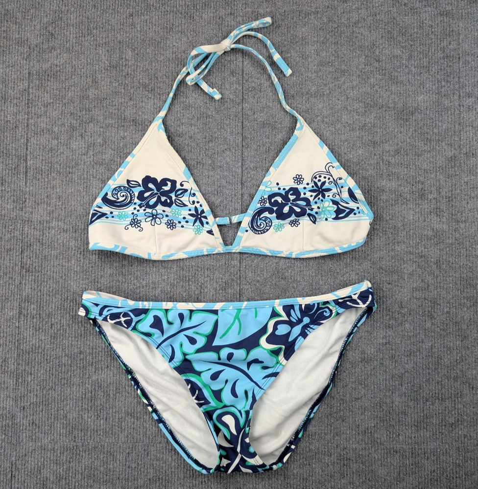 Vintage Xhileration Bikini Set Womens XL Y2K Tropical Floral Triangle Blue Beach