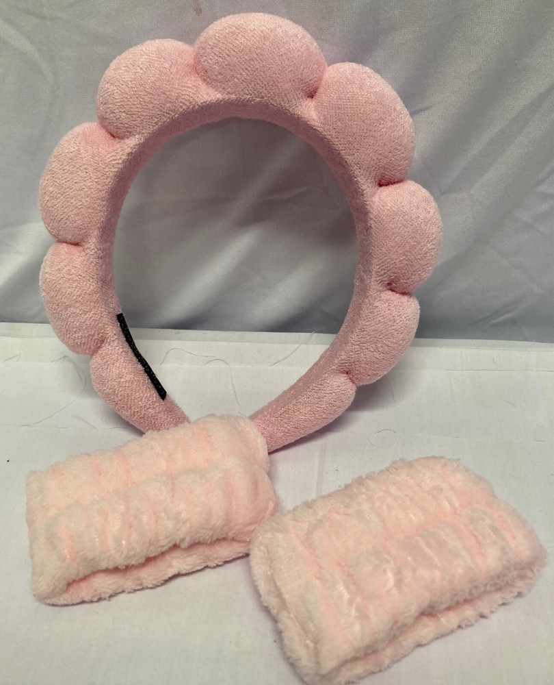 SPA Headband and Wristbands Set for Face Washing Terry Cloth Handmade 2024 Trendy Pink