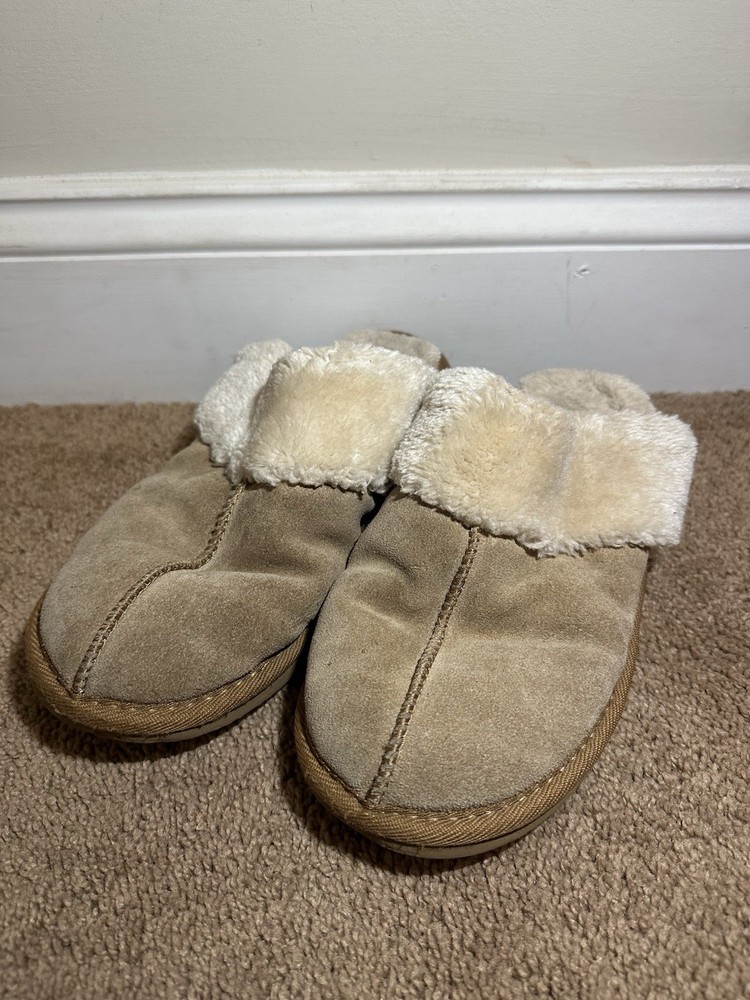 Minnetonka Scuff Leather Faux Fur Slippers Slides Women 8.5 M Tan Shoes