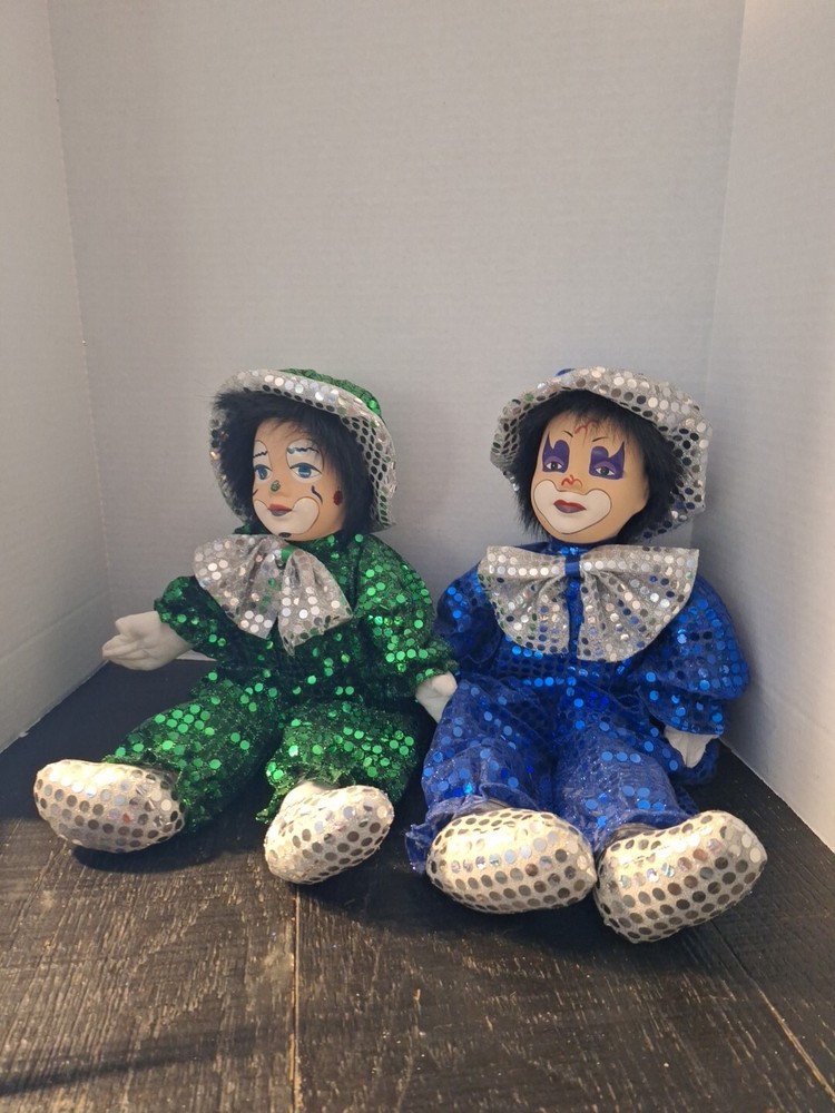 Set of 2 Circus Tati Clown Dolls with Blue and Green Sequins