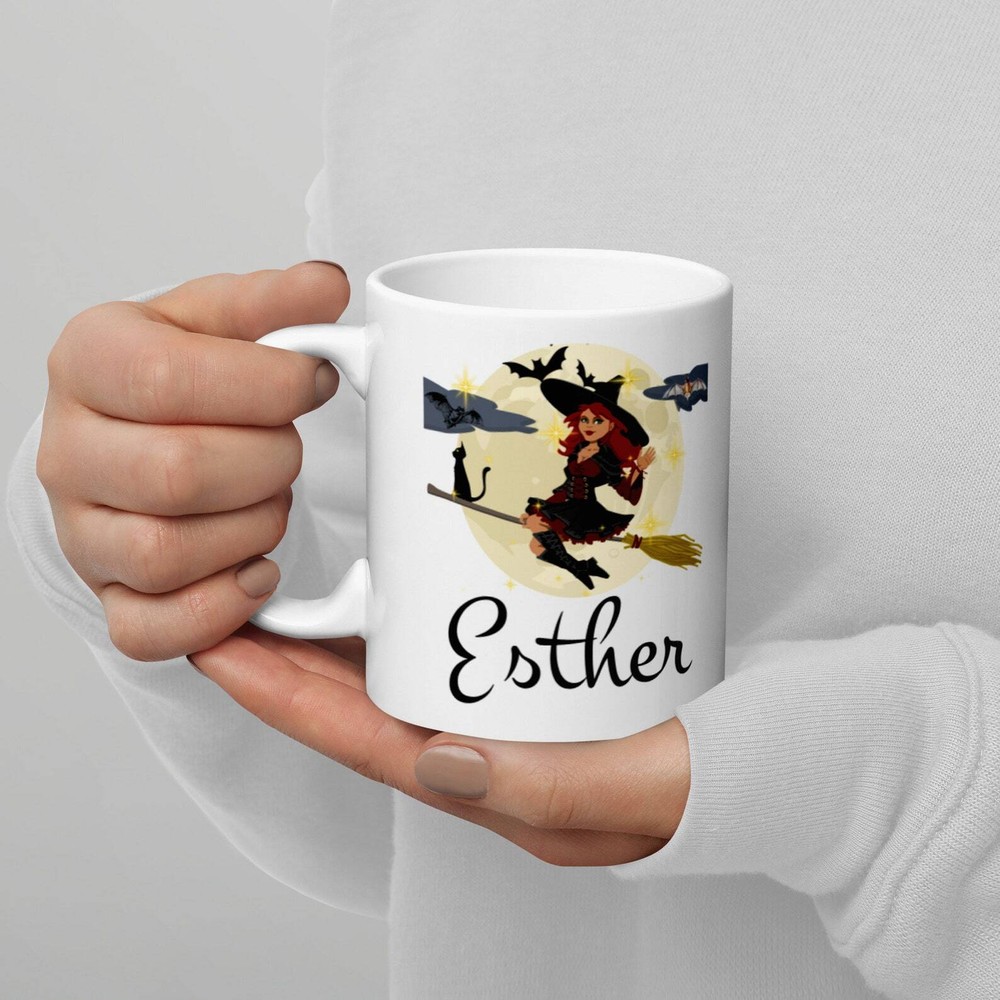 Flying Broom Cat Custom Name Witch Mug Personalized Halloween Cup