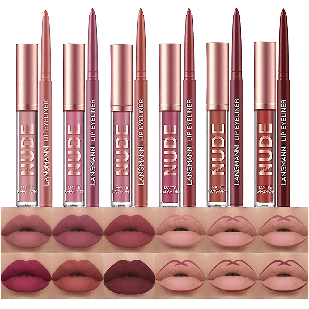 12Pcs Matte Liquid Lipstick + Lip Liner Pens Set, Velvety Nude Lip Stain Waterpr