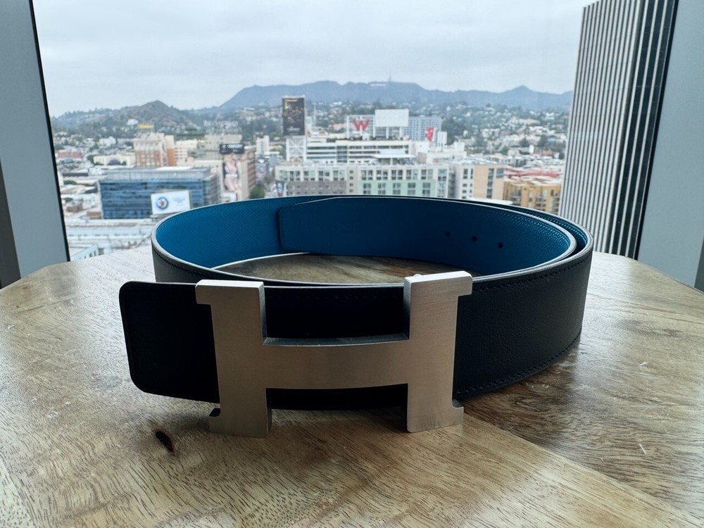 Hermes 42mm Constance H Buckle Reversible Black Blue Leather Belt