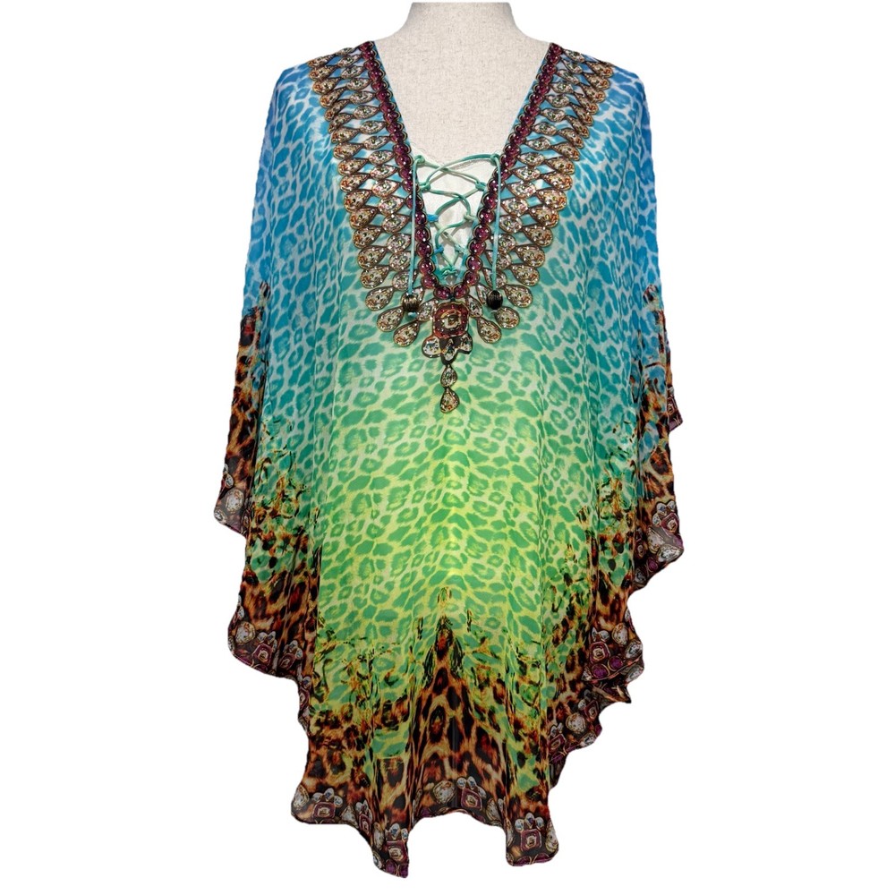 Kristals Poncho Kimono Kaftan Beach Cover-up Beaded Tassel Top Large Vacation