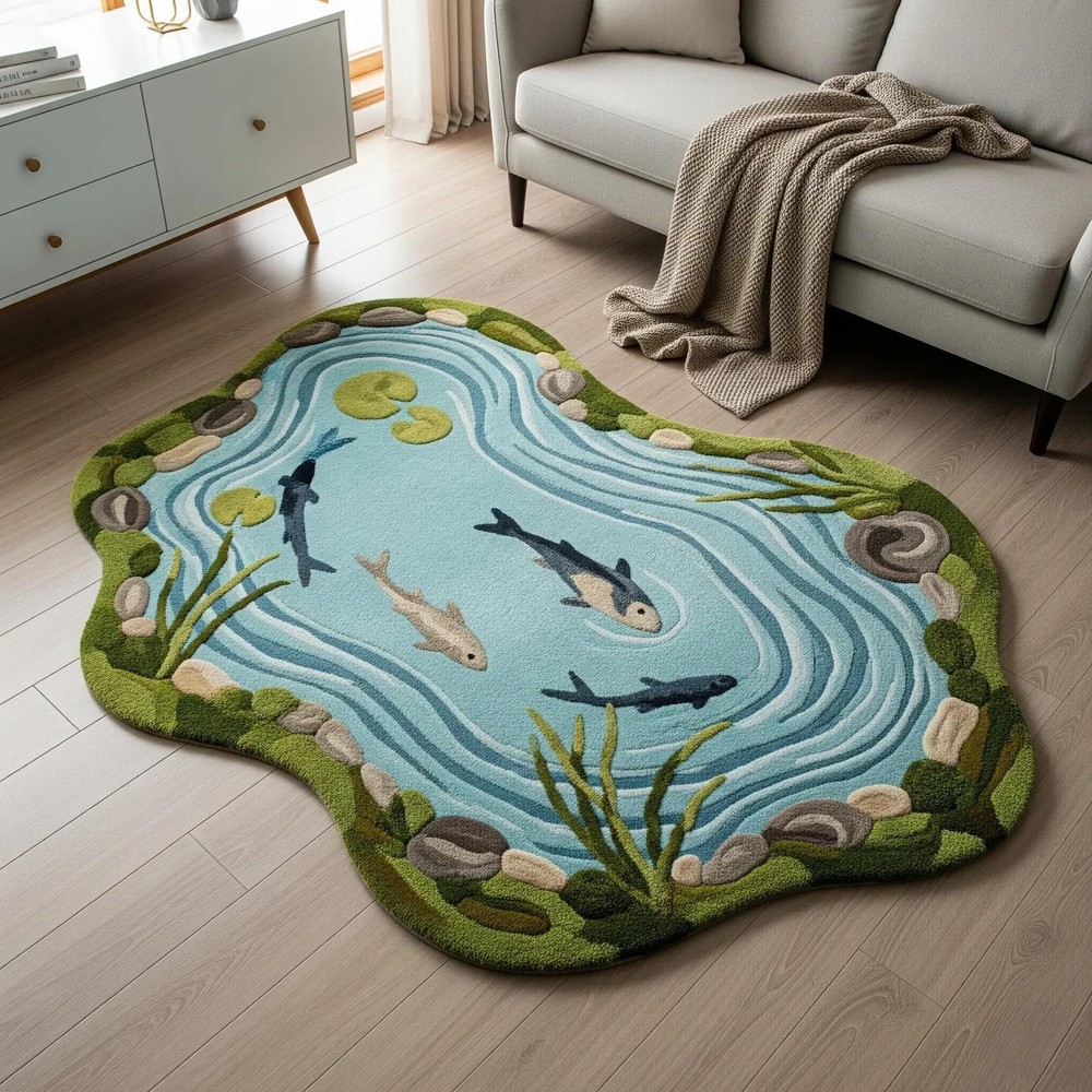 Moss Green Blue Fish Pond Design Irregular Hand Tufted Wool Rug, Modern Abstract