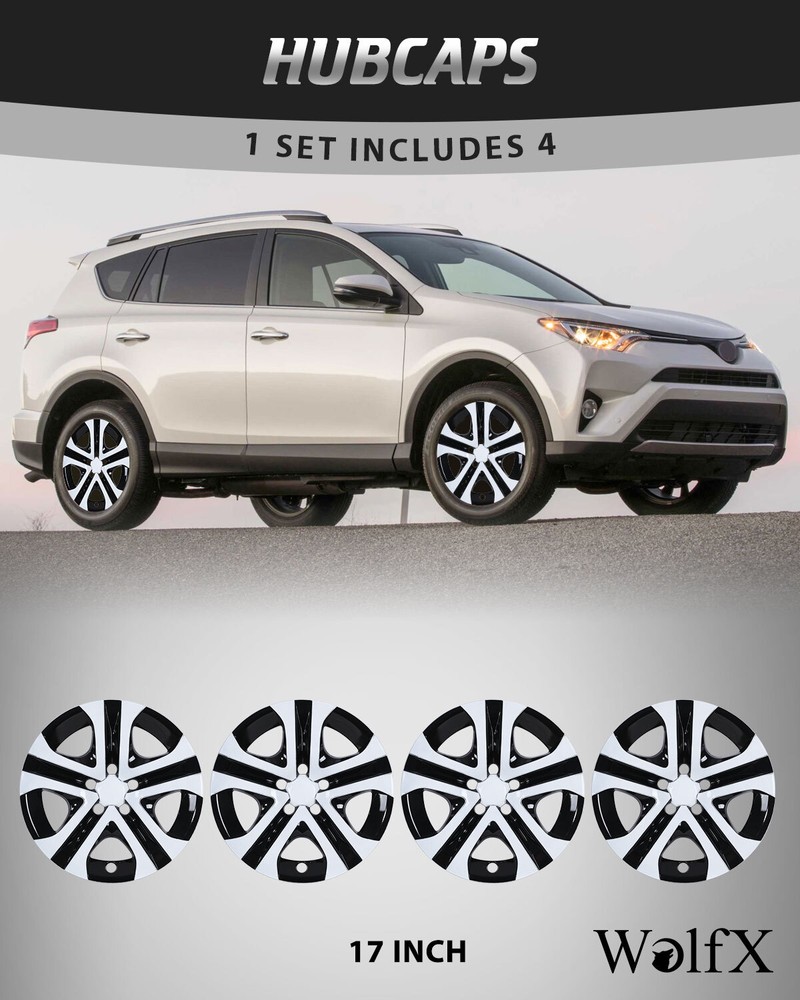 4pc 17in Black & White Snap-On Hub Caps for 2013-2018 Toyota RAV4 Wheels