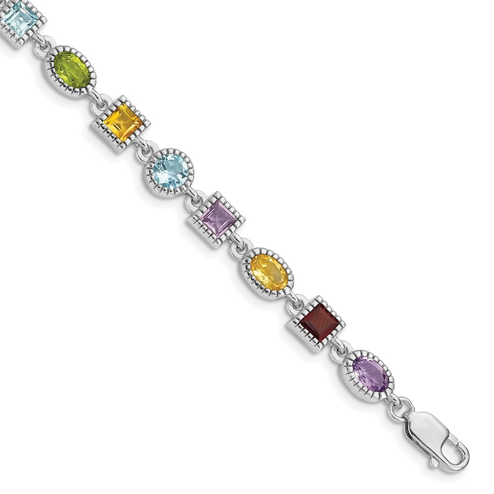 Sterling Silver Rhodium Plated Rainbow Multi-gemstone Bracelet 7