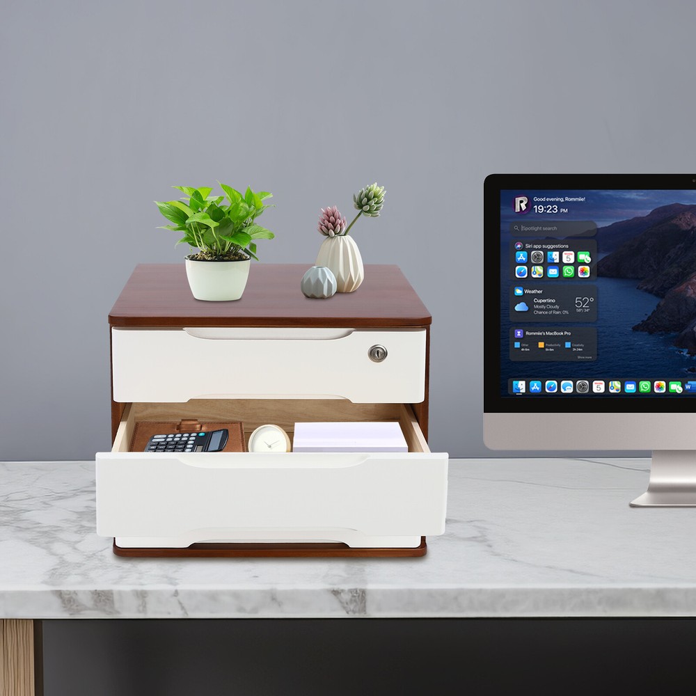 Wooden Desktop Storage Box Drawer Office Home Table Display Organizer W/ Lock US