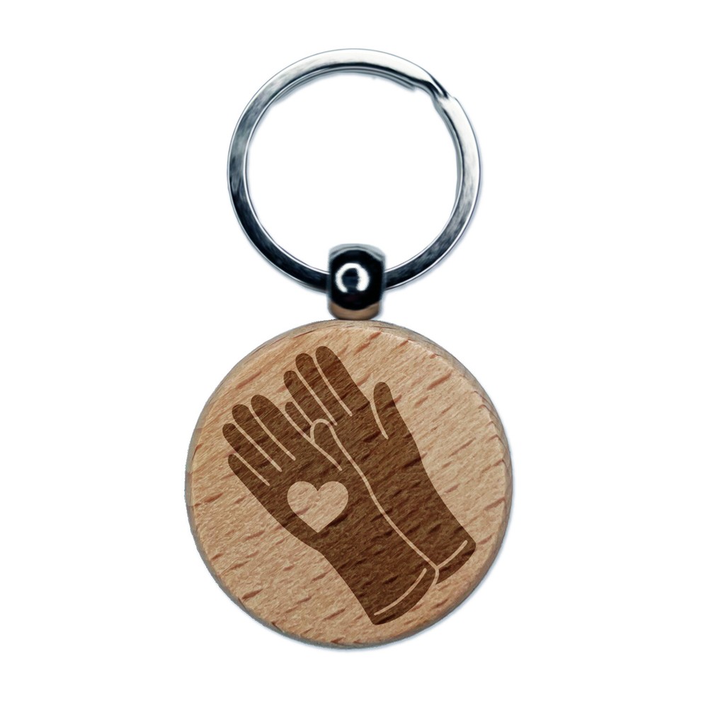 Caring Rubber Gloves Sanitizing Heart Engraved Wood Round Keychain Tag Charm
