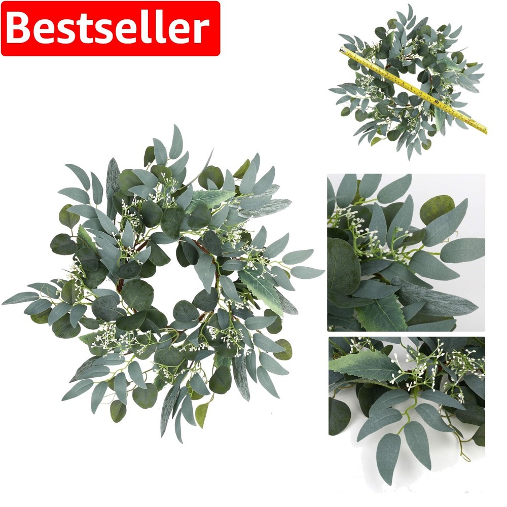 15-Inch Handmade Eucalyptus Wreath with White Flowers for Elegant Decor