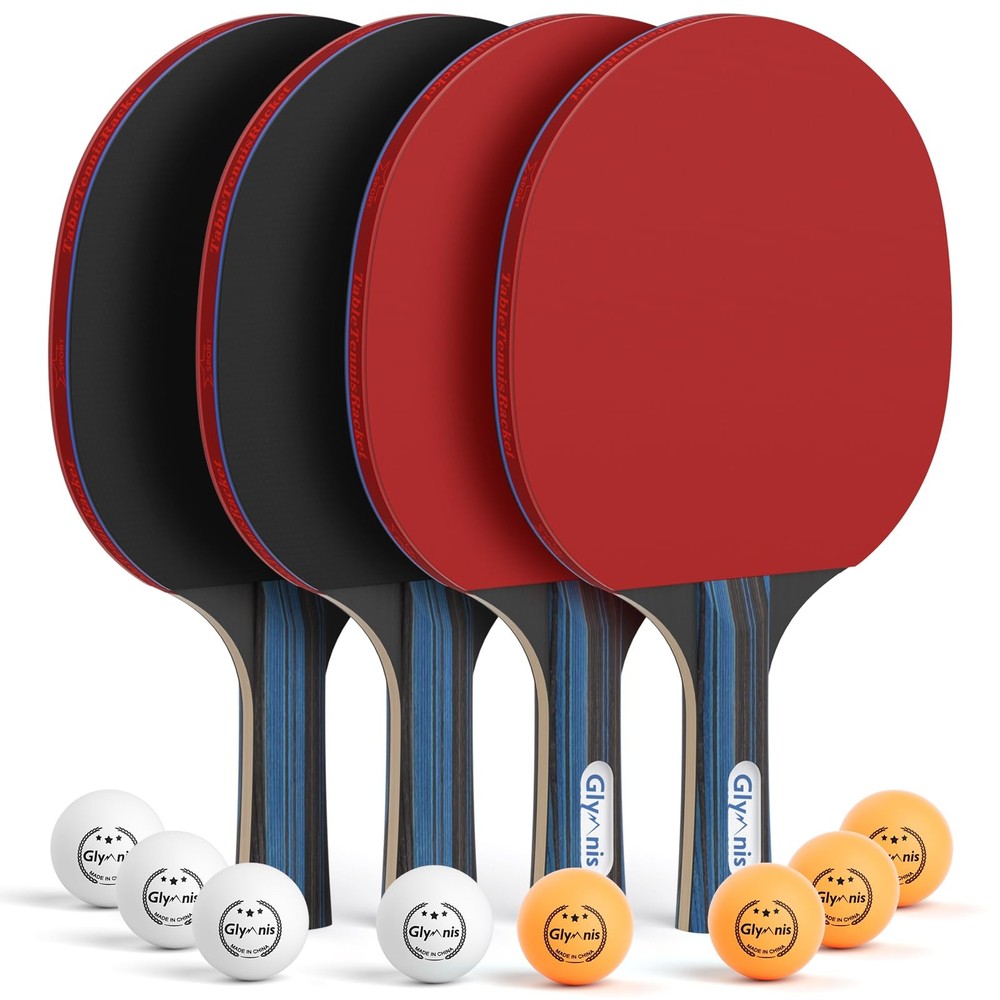 Glymnis 4-Pack Premium Ping Pong Paddles Set with 8 Balls and Convenient Storage Case