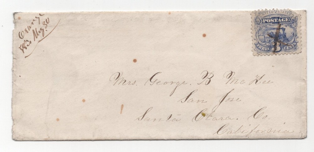 US 1860s ORANGE WISCONSIN MANUSCRIPT DPO JUNEAU COUNTY COVER TO SAN JOSE CA