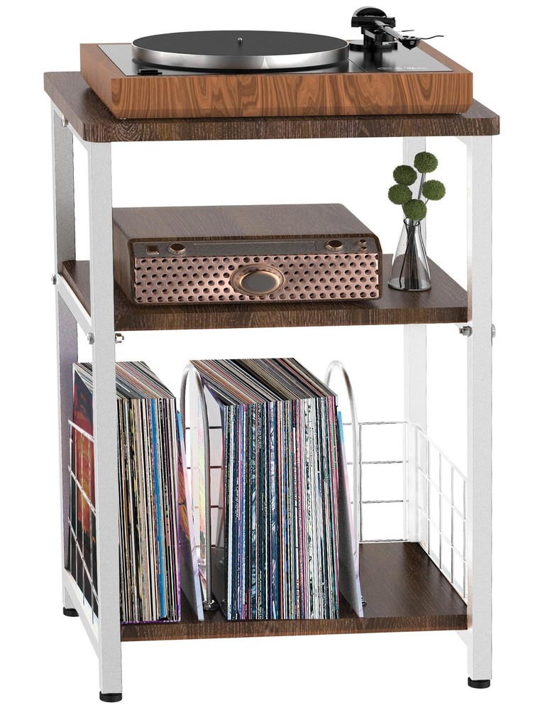 3-Tier Vintage Record Player Stand with Vinyl Storage Basket & Side Table