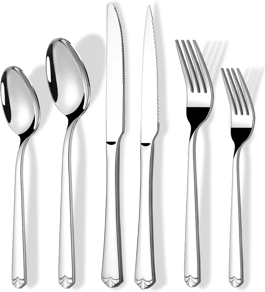 24 Piece Silverware Set with Steak Knives for 4, Prendcyx Stainless Steel Flatwa