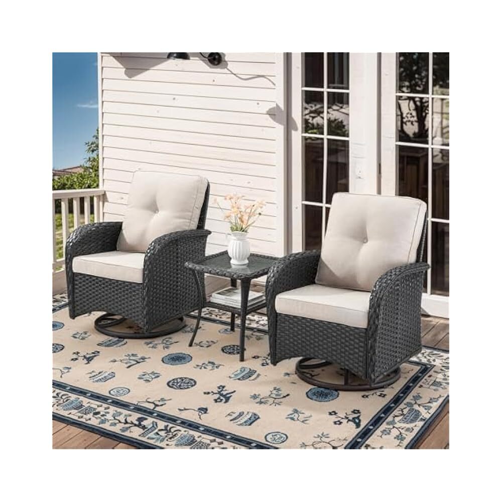 Swivel Patio Chairs, Wicker Rockers with Beige Cushions & Glass Side Table