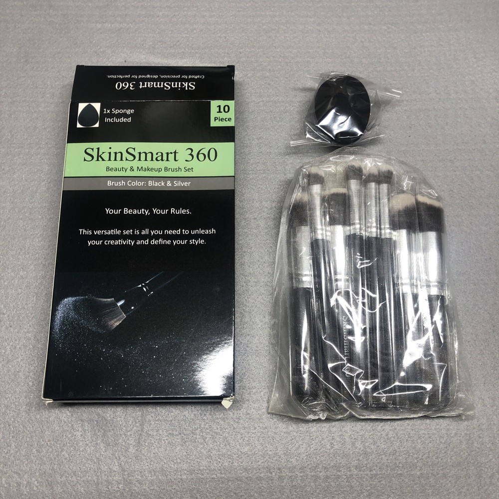 SkinSmart 360 10-Piece Makeup Brush Set with Black & Silver Sponge Beauty Kit