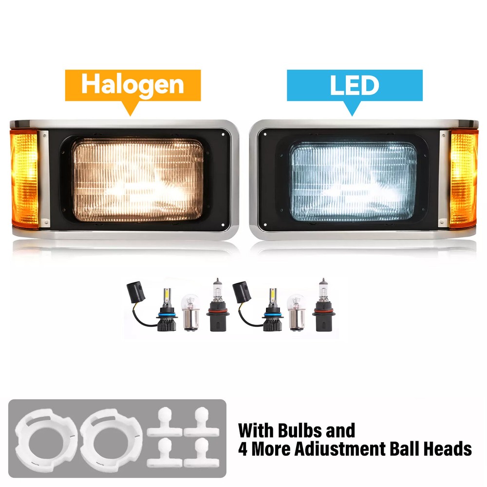 Mack CH613 SFA Hood Truck 1990-2017 LH+RH Headlights with Bezel & LED Bulbs