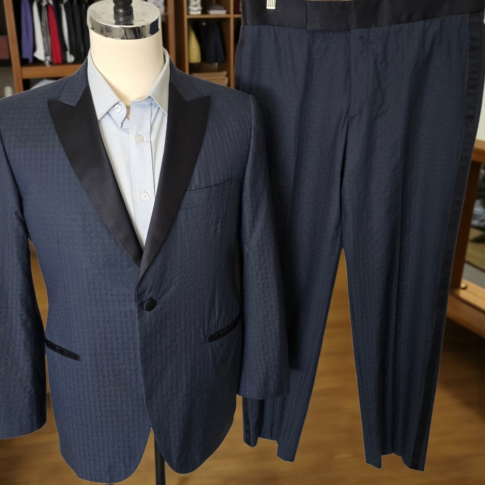 Bespoke Blue Peak Lapel Tuxedo 40r 33x30 Full Canvas Working Cuff Silk Cotton