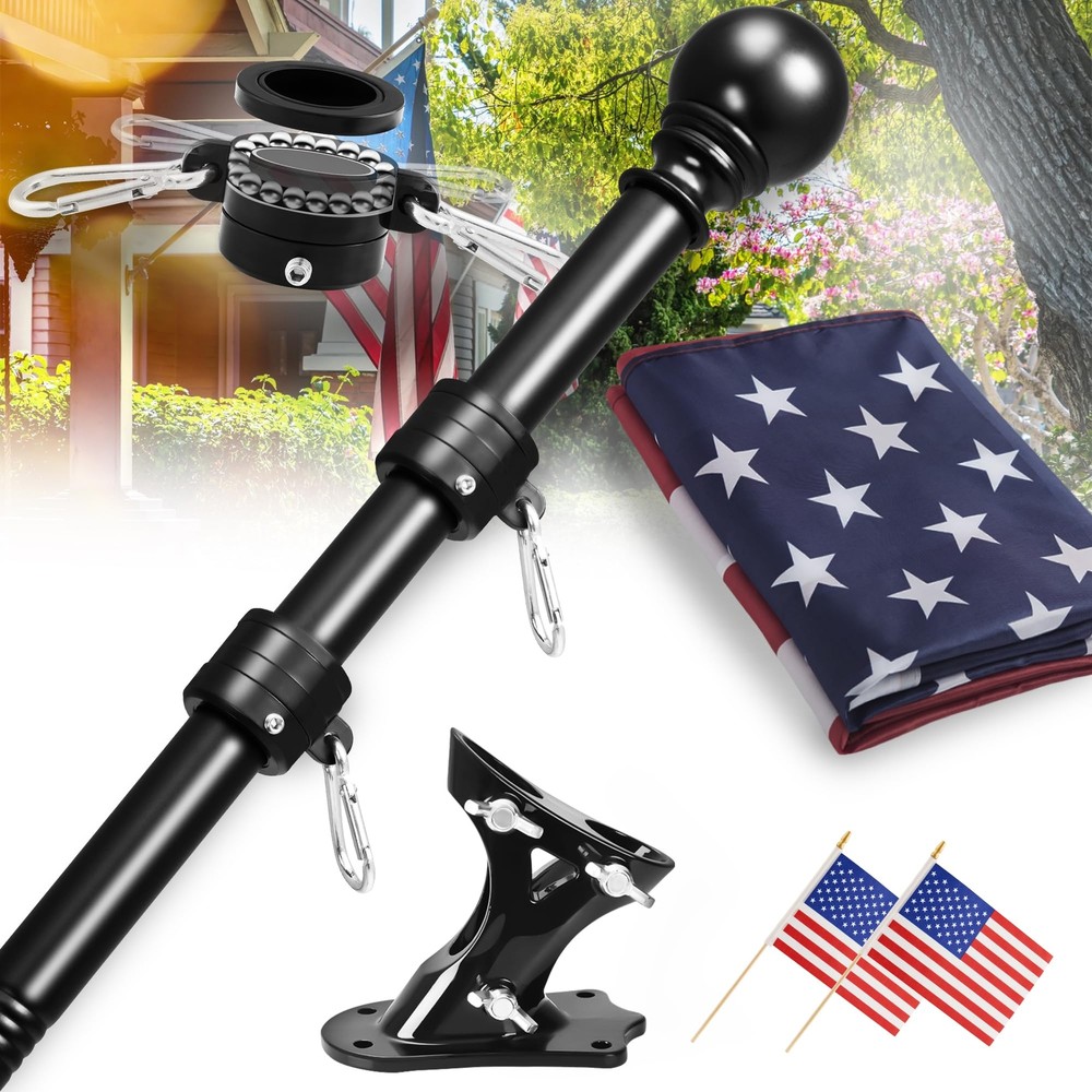 Flag Pole Kit with 3x5 Embroidered American Flag 6ft Heavy Duty Tangle Free F...