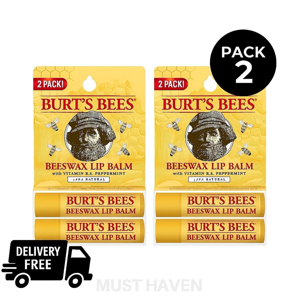 2 Pack Burt's Bees Natural Beeswax Lip Balm with Vitamin E & Peppermint