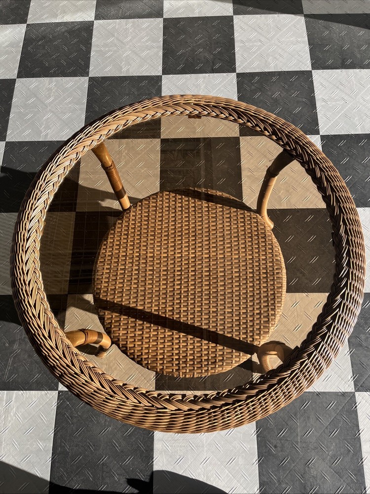 Vintage rattan double layered coffee table