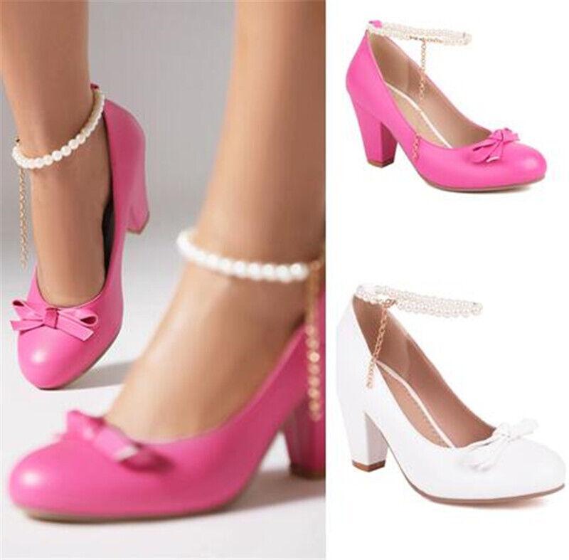 Women's Lolita Pearl Chain Ankle Strap PU Leather Block Heel Pumps