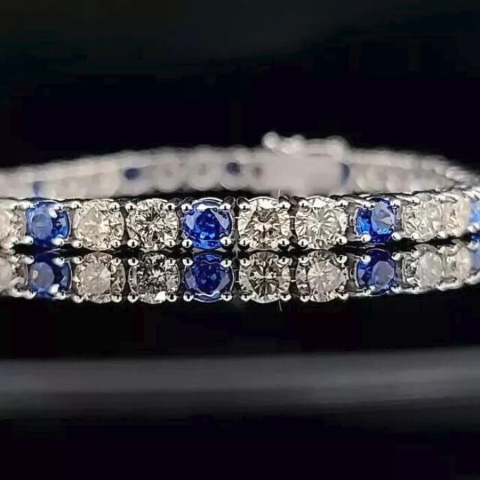 9Ct Round Lab-Created Blue Sapphire 14K White Gold Plated Tennis Bracelet 7 Inches