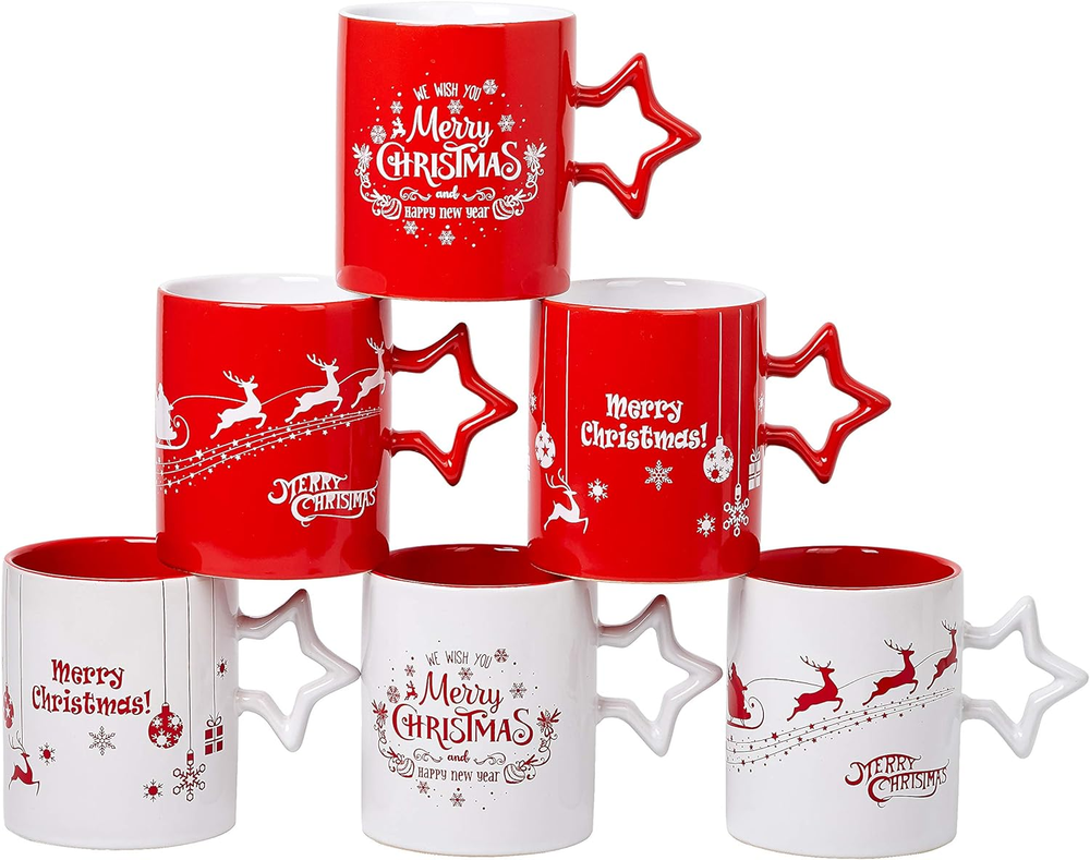 Set of 6 Red & White Funny Coffee Mugs with Star Handle - 14 Oz Holiday Cups
