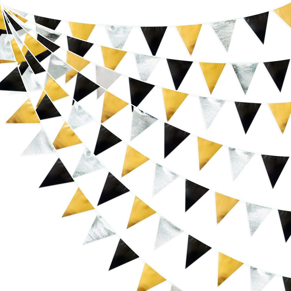 Black Gold Silver Party Decoration Triangle Pennant Banner Flag Metallic Fabr...