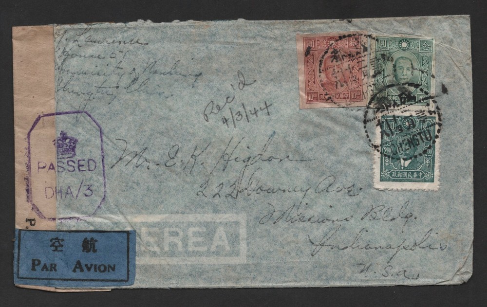 CHINA 1944 US CIVIL WAR TIME DOUBLE CENSORED AIR MAIL COVER 