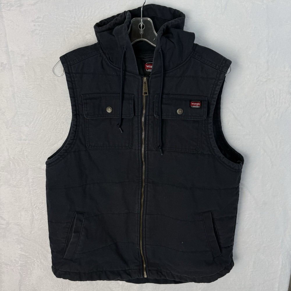 Wrangler Workwear Vest Mens Large Black Hooded Canvas Insulated
