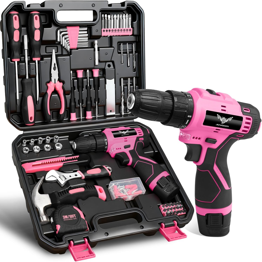 Pink Tool Set - 12V Cordless Drill Kit, 151 Piece Home Tool Set with Power Drill