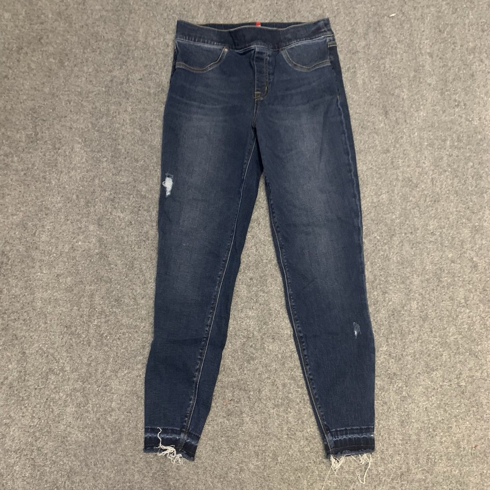 Spanx Womens M Distressed Jeggings Medium Wash Stretch Denim Raw Hem 20203R