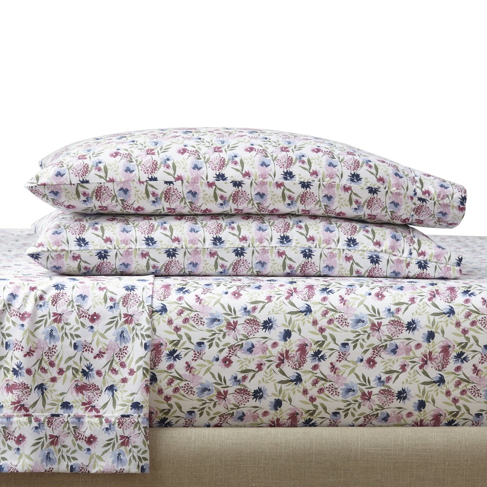4-Piece 300 Thread Count Bashful Blooms Cool Cotton Sateen Bed Sheet Set, Queen