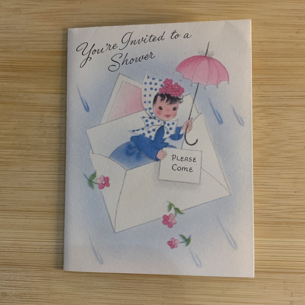 1956 Vintage Bridal Shower Invitation with Cute Girl in Raincoat and Umbrella Design