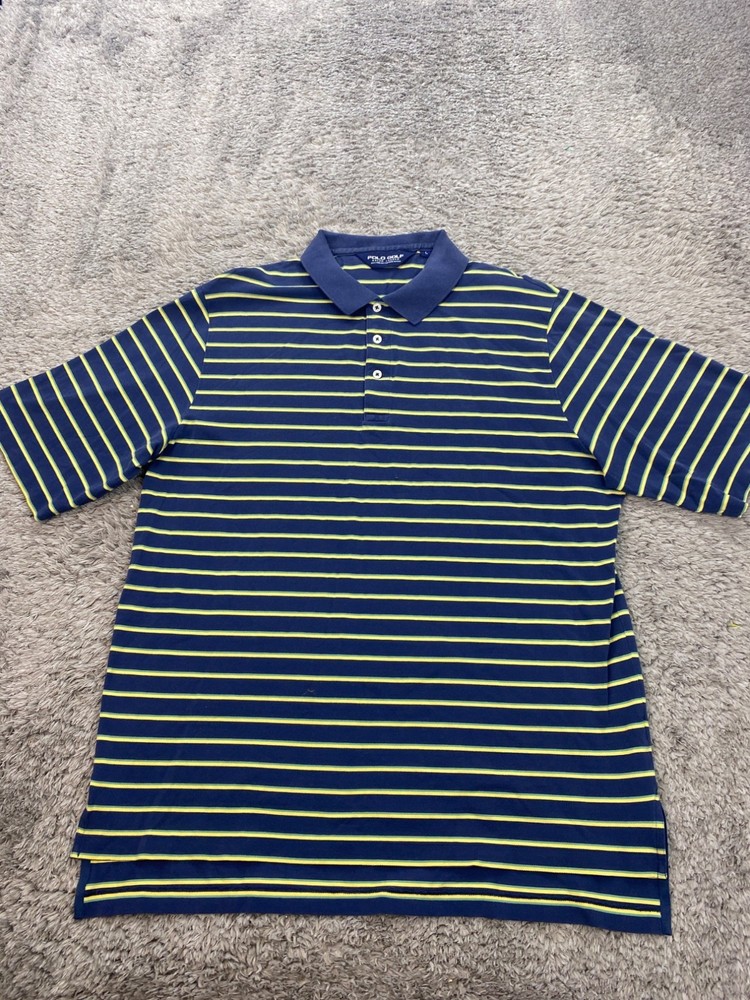 Polo Ralph Lauren Shirt Men Large Blue Neon Yellow Striped Pima Cotton Golf Polo