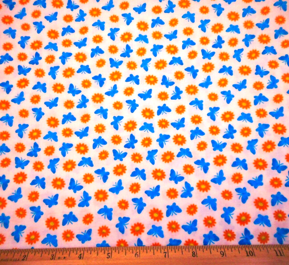 Quilt Fabric By Yard Royal Blue Butterflies Orange Floral White Premium Cotton C