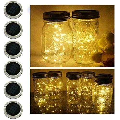 6 Pack Mason Jar Lights, 10 Solar Warm White Fairy String Lights Lids Insert ...