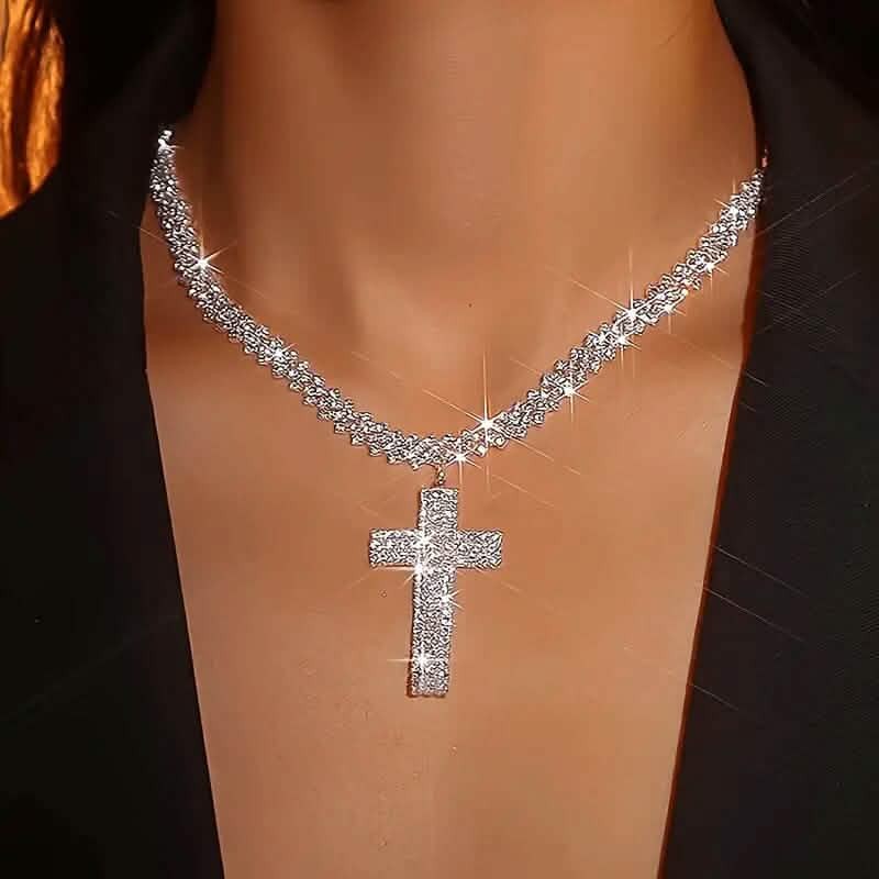 Sterling Silver 925 Luxury Cross Pendant Necklace with Multi-Layer Zircon and