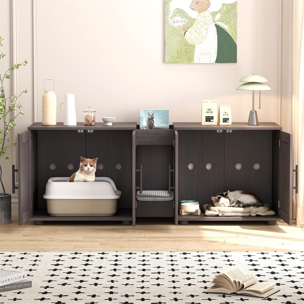 Double-Room Cat Litter Box Enclosure Furniture with Hidden Storage-image